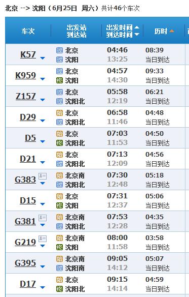 北京到沈阳火车一天几趟