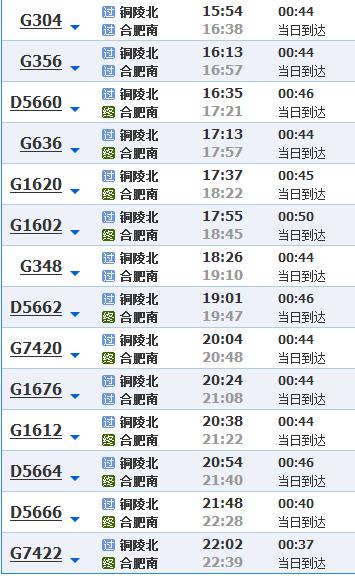 杭州东站到合肥南站的高铁g7652次的全程站表