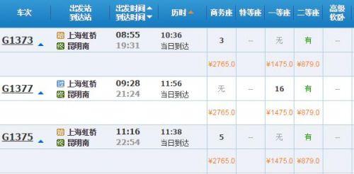上海到昆明的动车票多少钱