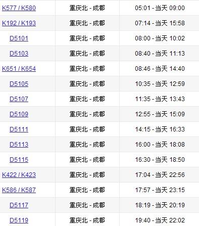 成都火车北站到重庆火车北站的时刻表是多少